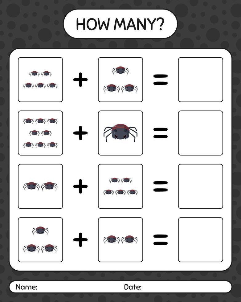 How many counting game with spider. worksheet for preschool kids, kids activity sheet vector