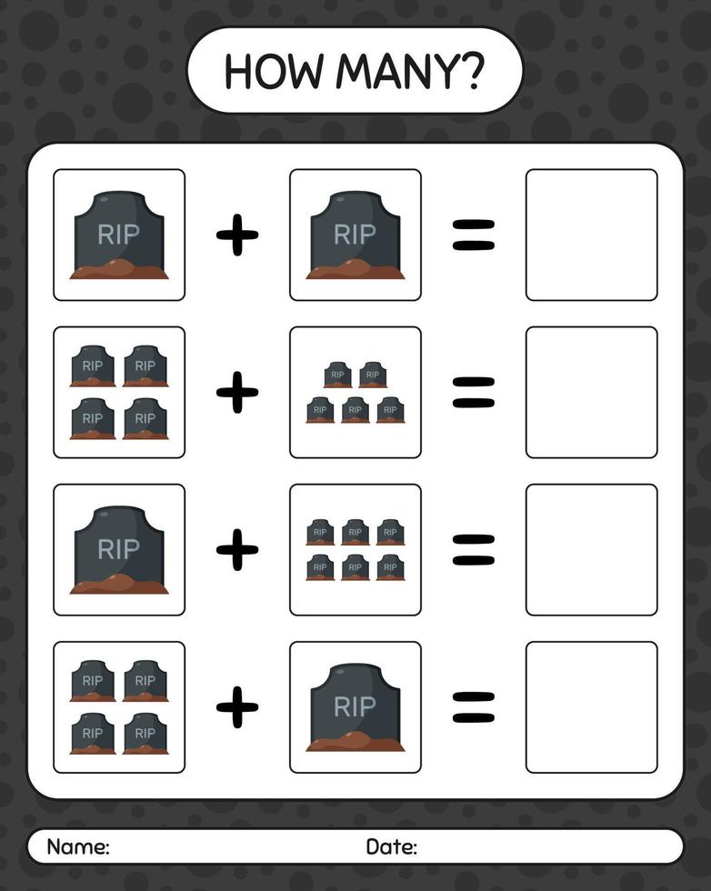 How many counting game with tombstone. worksheet for preschool kids, kids activity sheet vector