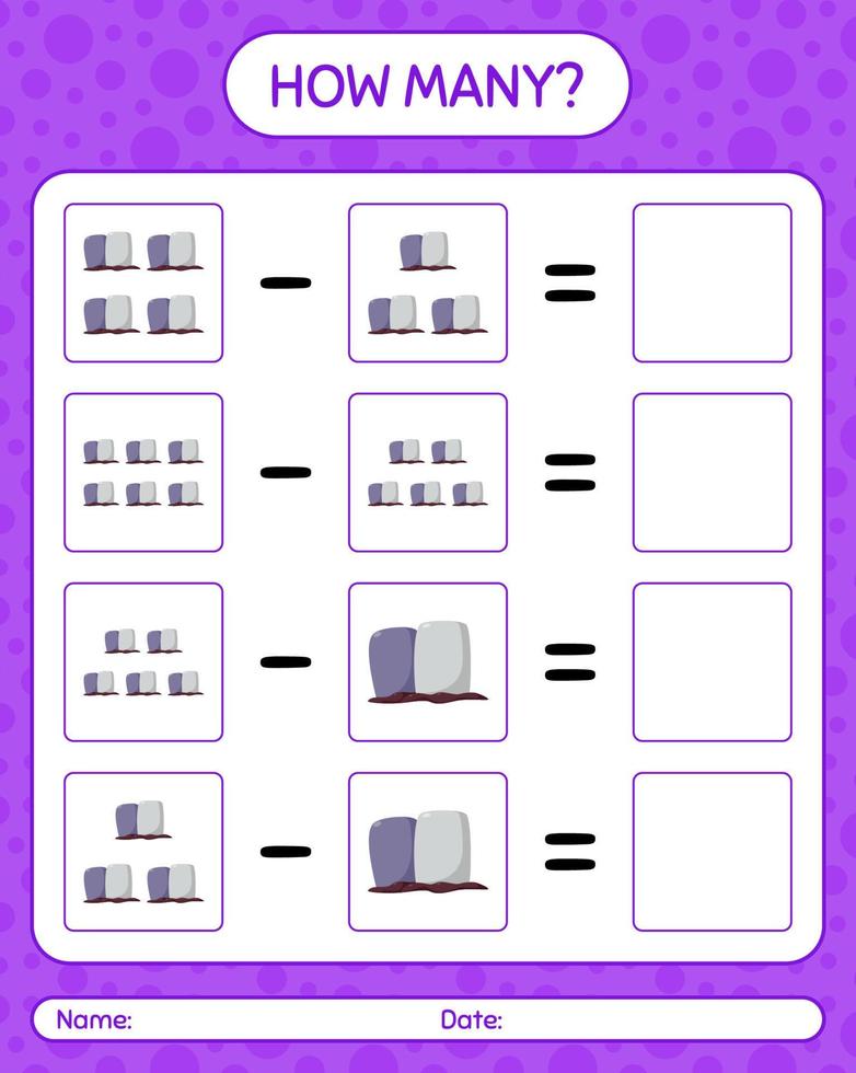 How many counting game with tombstone. worksheet for preschool kids, kids activity sheet vector