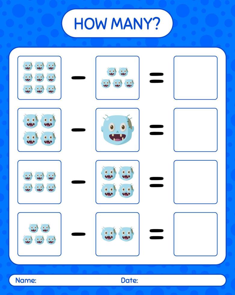 How many counting game with zombie. worksheet for preschool kids, kids activity sheet vector