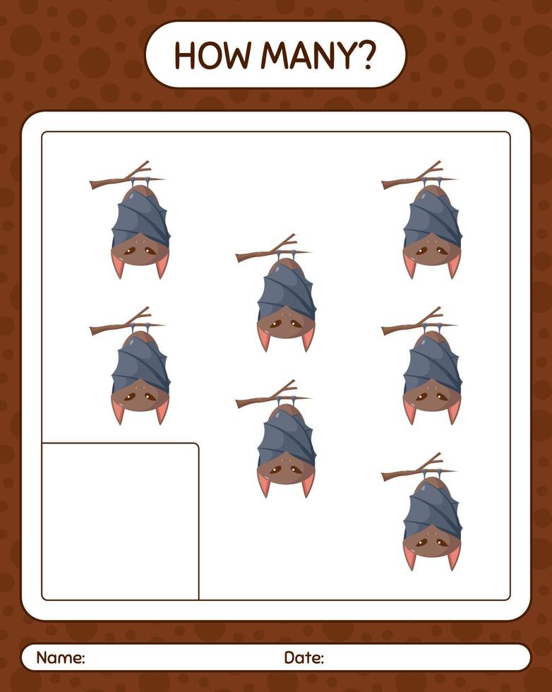 How many counting game with bat. worksheet for preschool kids, kids activity sheet vector