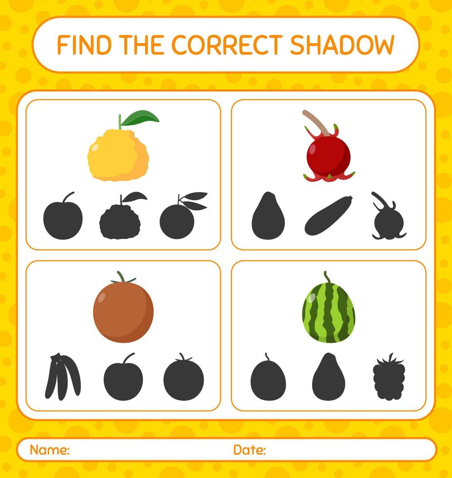 Find the correct shadows game with fruits. worksheet for preschool kids, kids activity sheet vector