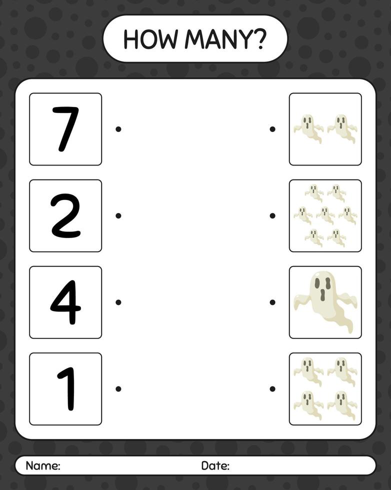 How many counting game with ghost. worksheet for preschool kids, kids activity sheet vector