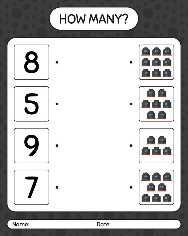 How many counting game with tombstone. worksheet for preschool kids, kids activity sheet vector