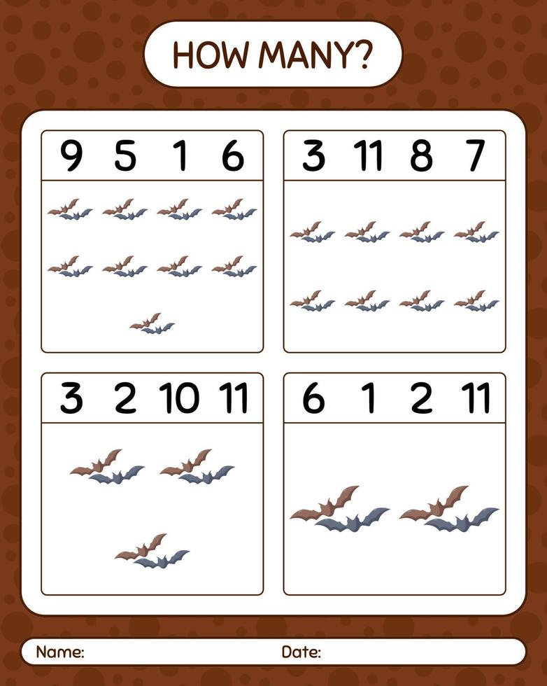 How many counting game with bat. worksheet for preschool kids, kids activity sheet vector