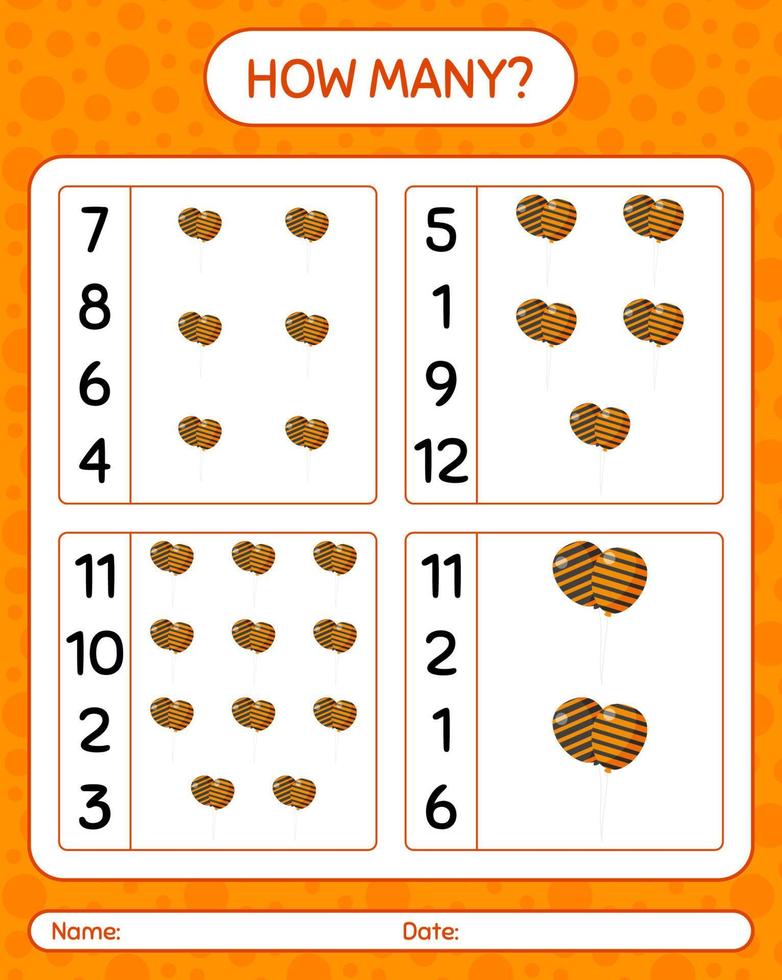 How many counting game with balloon. worksheet for preschool kids, kids activity sheet vector