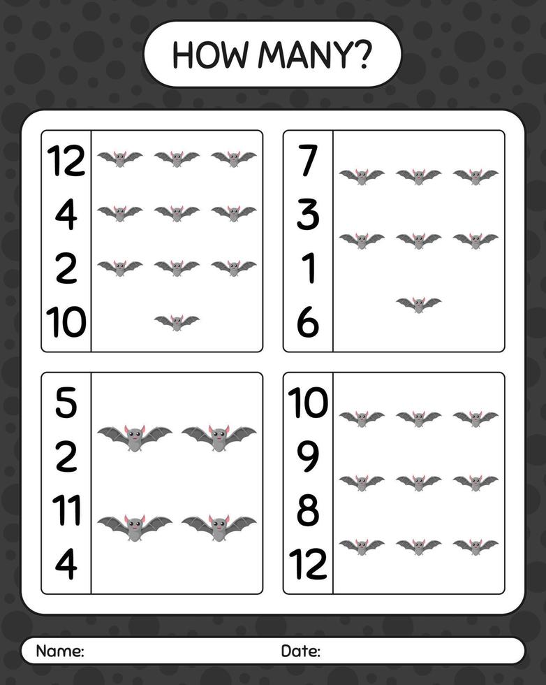 How many counting game with bat. worksheet for preschool kids, kids activity sheet vector