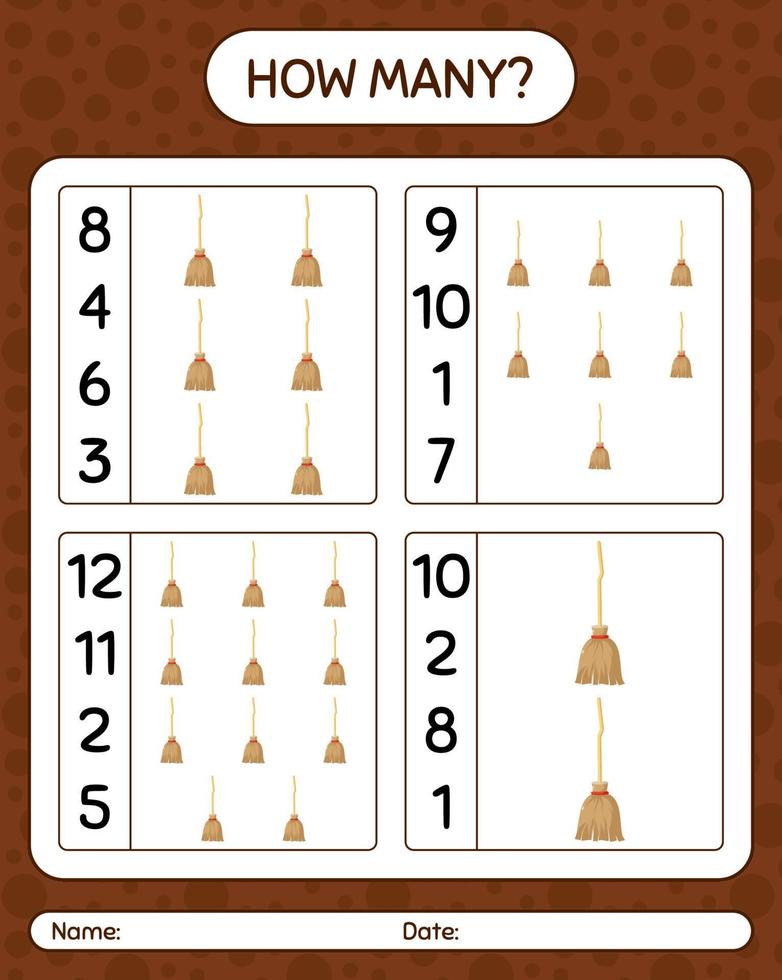 How many counting game with broom. worksheet for preschool kids, kids activity sheet vector