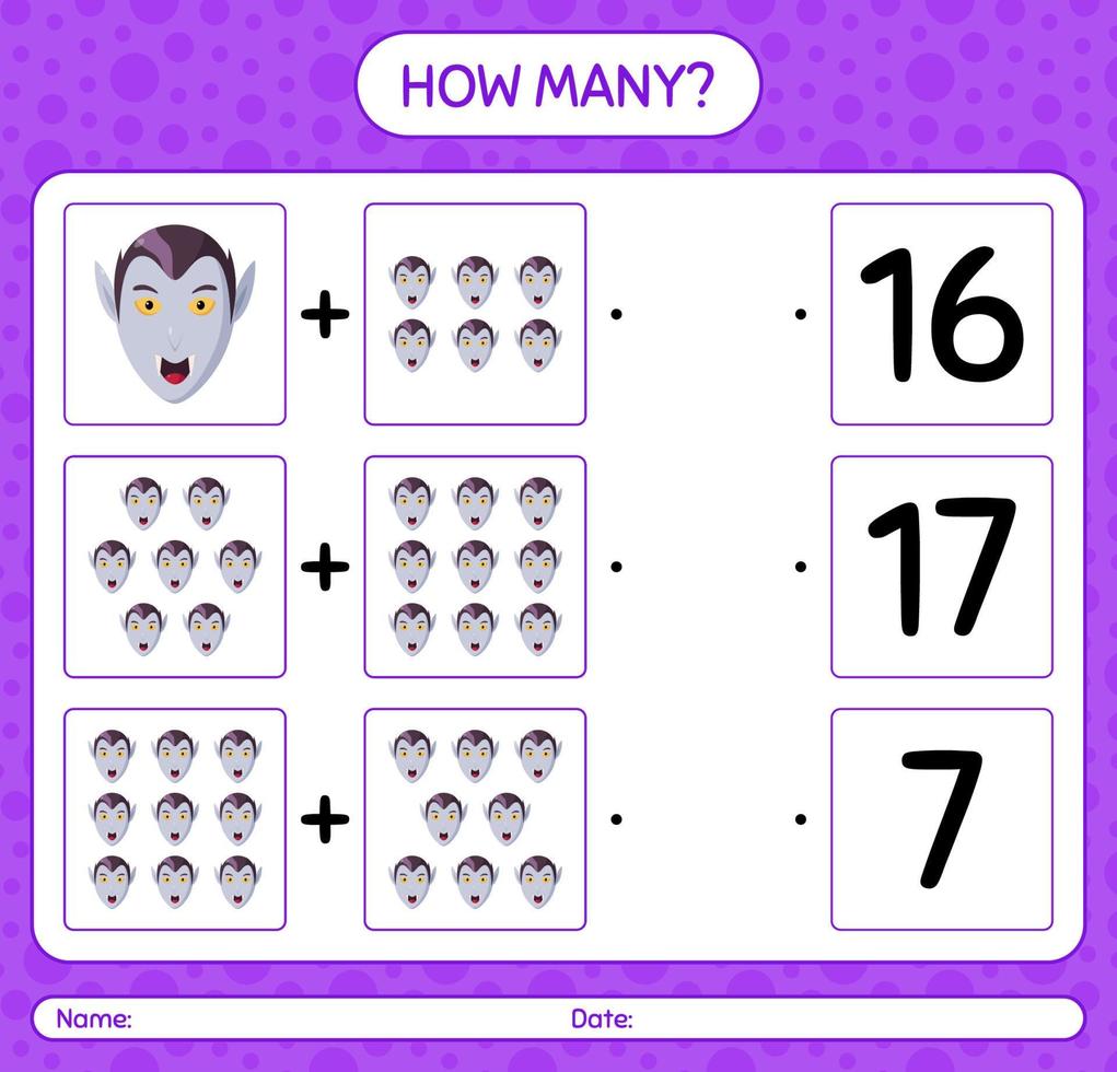 How many counting game with vampire. worksheet for preschool kids, kids activity sheet vector