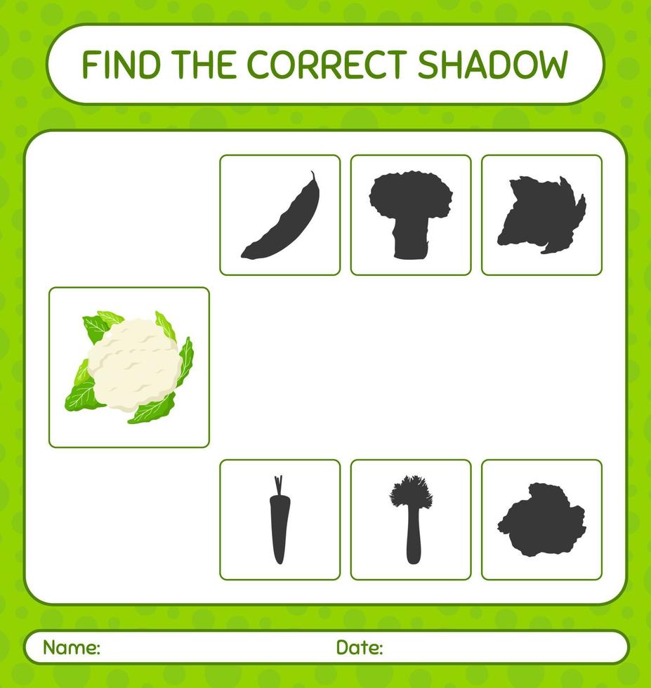 Find the correct shadows game with cauliflower. worksheet for preschool kids, kids activity sheet vector