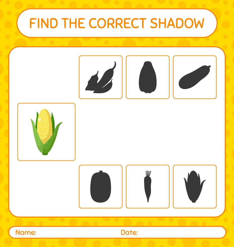 Find the correct shadows game with corn. worksheet for preschool kids, kids activity sheet vector