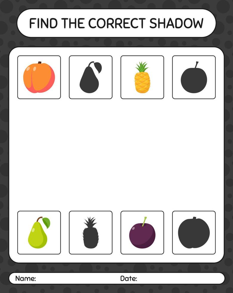 encuentra el juego de sombras correcto con frutas. hoja de trabajo para niños en edad preescolar, hoja de actividades para niños vector