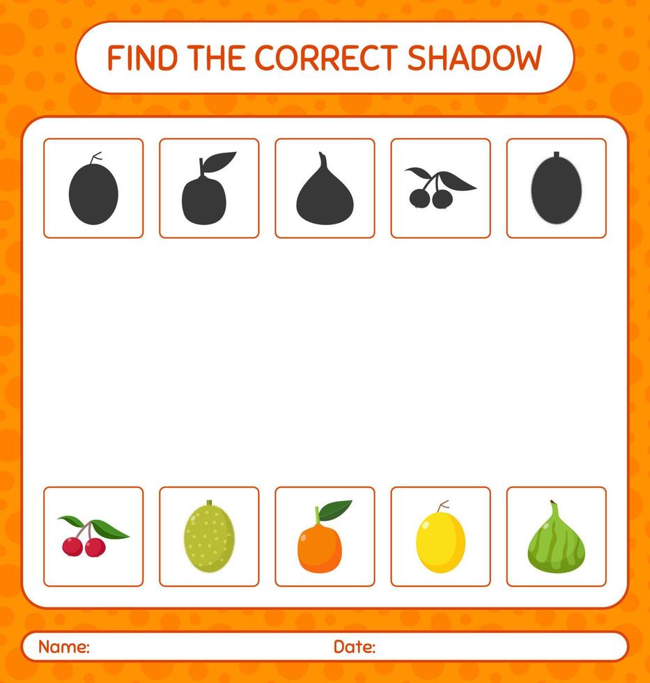 encuentra el juego de sombras correcto con frutas. hoja de trabajo para niños en edad preescolar, hoja de actividades para niños vector