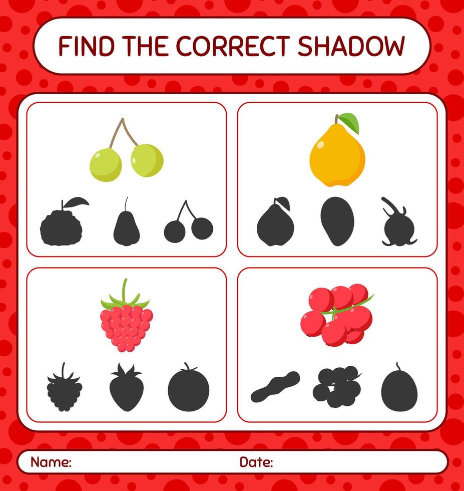 encuentra el juego de sombras correcto con frutas. hoja de trabajo para niños en edad preescolar, hoja de actividades para niños vector