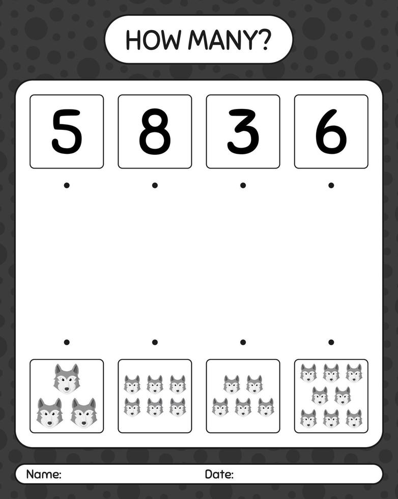 How many counting game with wolf. worksheet for preschool kids, kids activity sheet vector