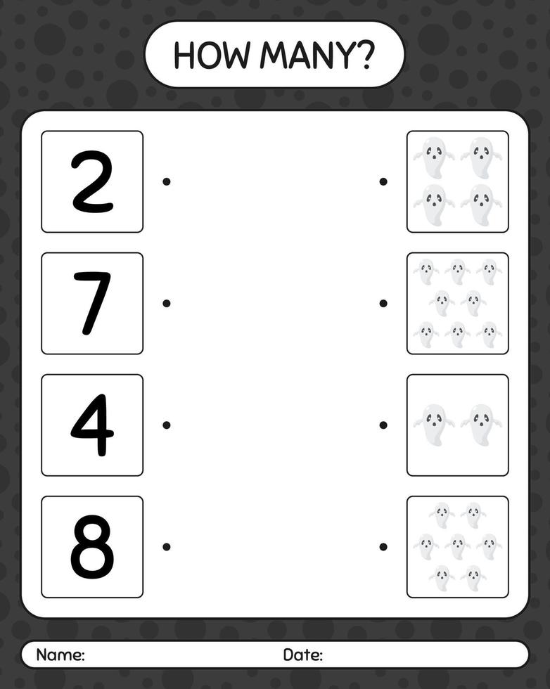 How many counting game with ghost. worksheet for preschool kids, kids activity sheet vector