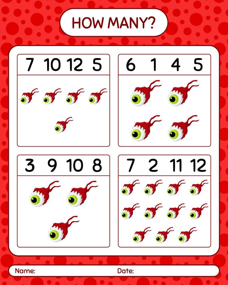 How many counting game with eyeball. worksheet for preschool kids, kids activity sheet vector