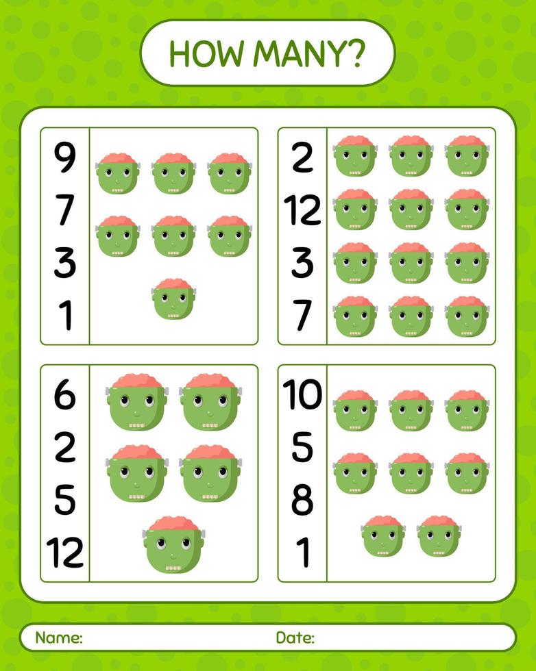 How many counting game with frankenstein. worksheet for preschool kids, kids activity sheet vector