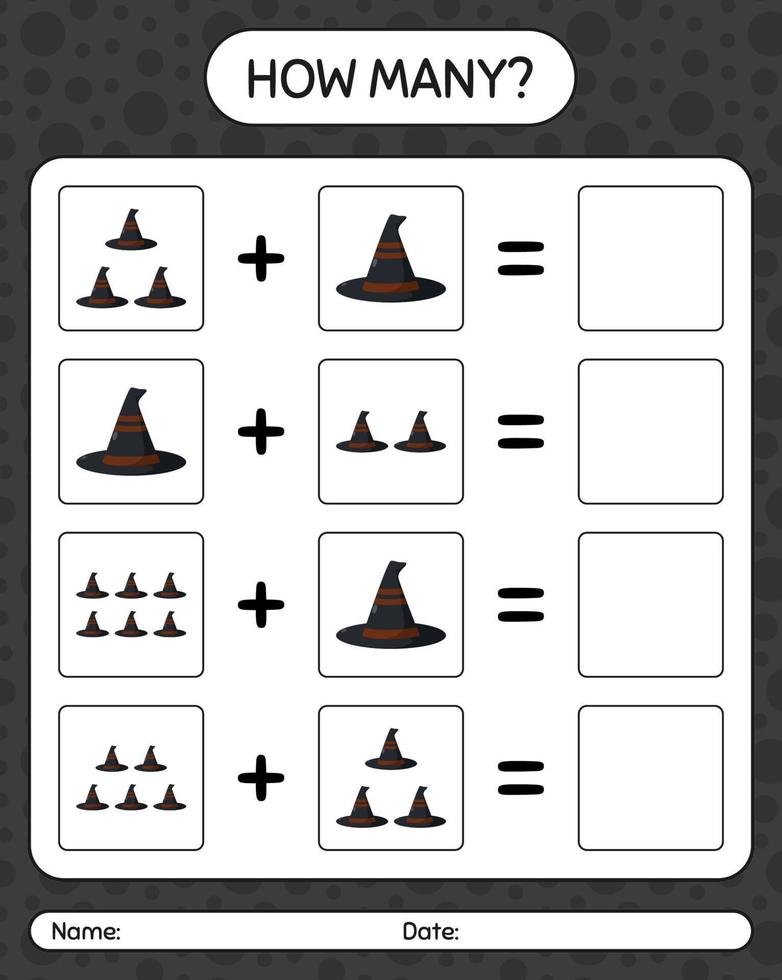 How many counting game with witch's hat. worksheet for preschool kids, kids activity sheet vector