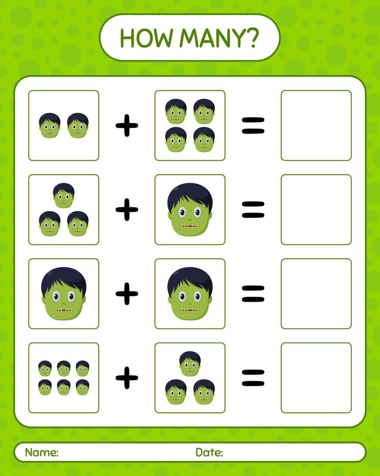 How many counting game with zombie. worksheet for preschool kids, kids activity sheet vector