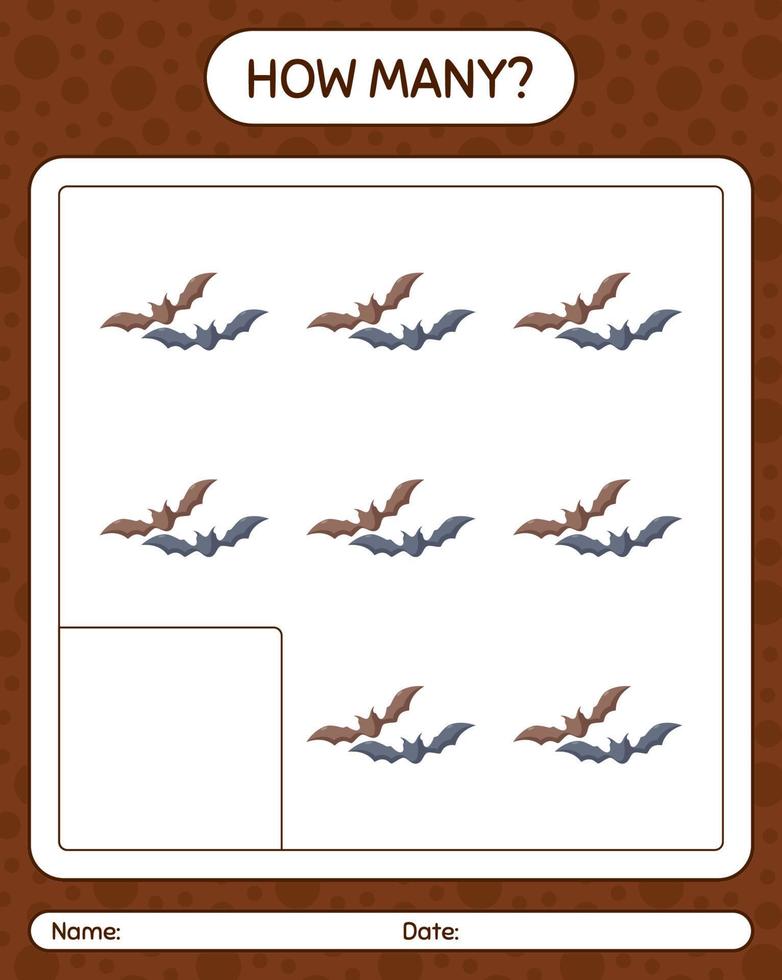 How many counting game with bat. worksheet for preschool kids, kids activity sheet vector
