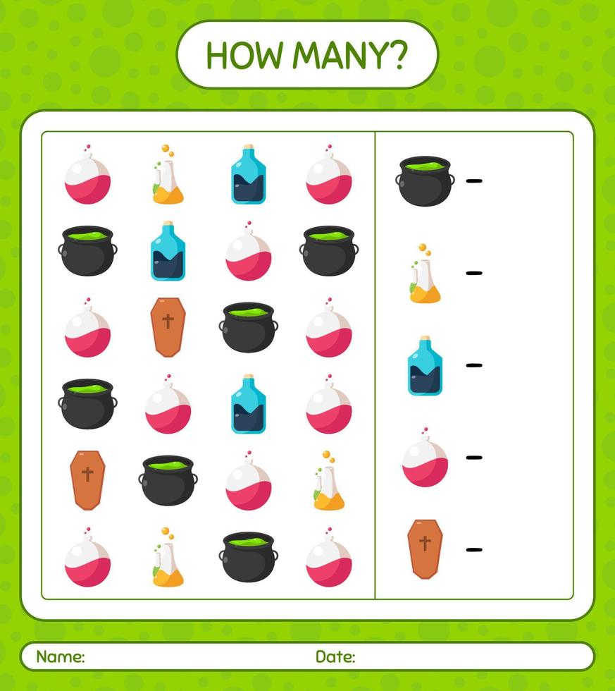 How many counting game with halloween icon. worksheet for preschool kids, kids activity sheet vector