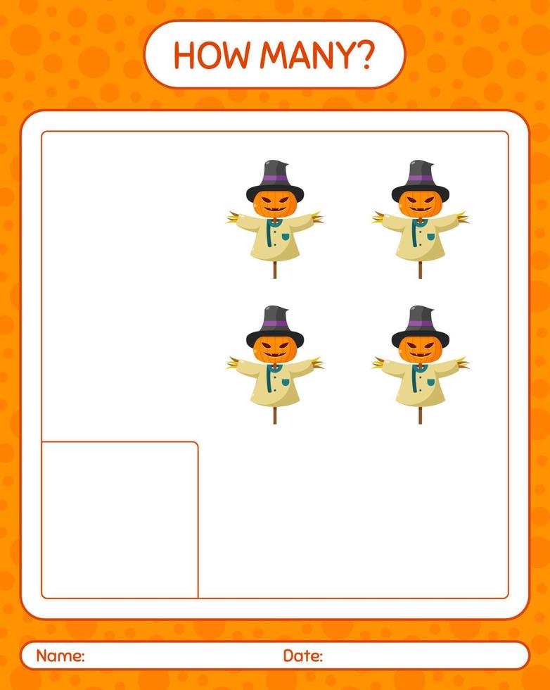 How many counting game with scarecrow. worksheet for preschool kids, kids activity sheet vector