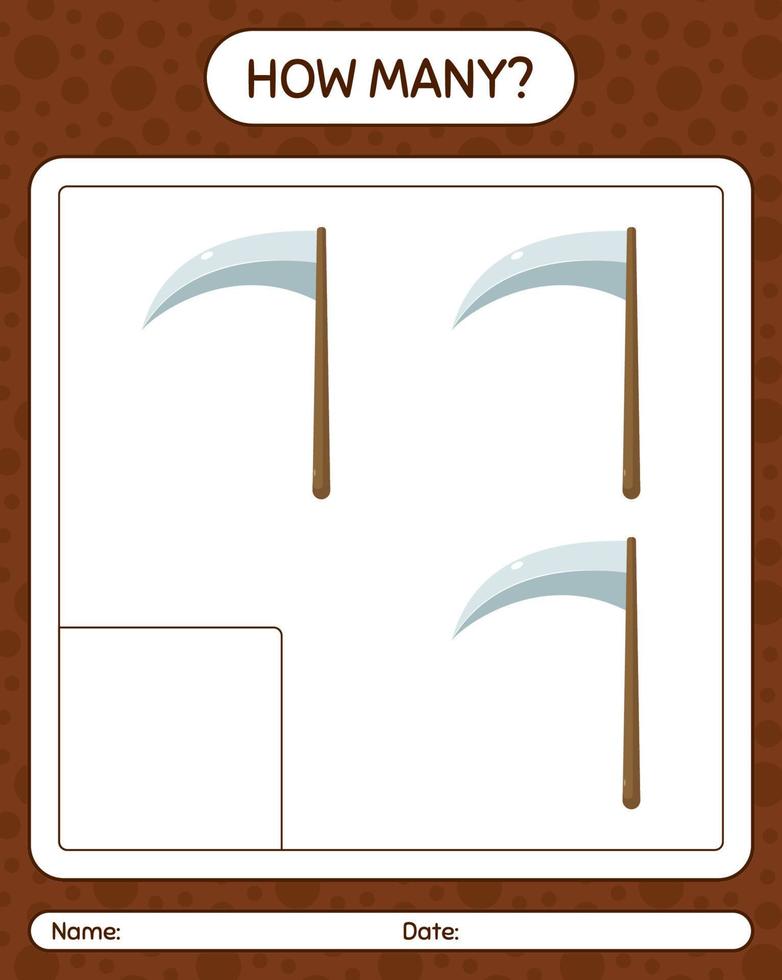 How many counting game with scythe. worksheet for preschool kids, kids activity sheet vector