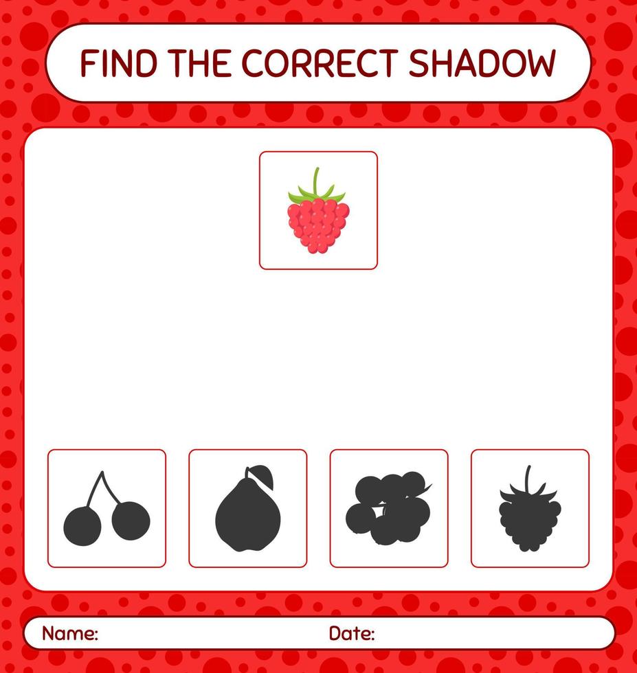 Find the correct shadows game with raspberry. worksheet for preschool kids, kids activity sheet vector