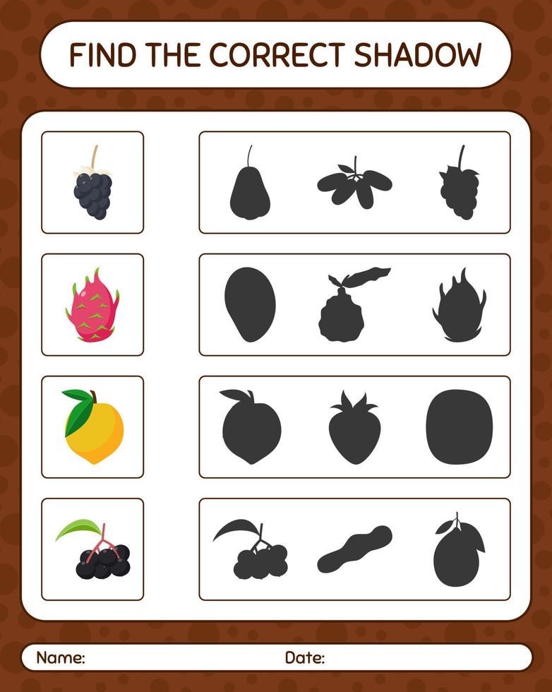 encuentra el juego de sombras correcto con frutas. hoja de trabajo para niños en edad preescolar, hoja de actividades para niños vector