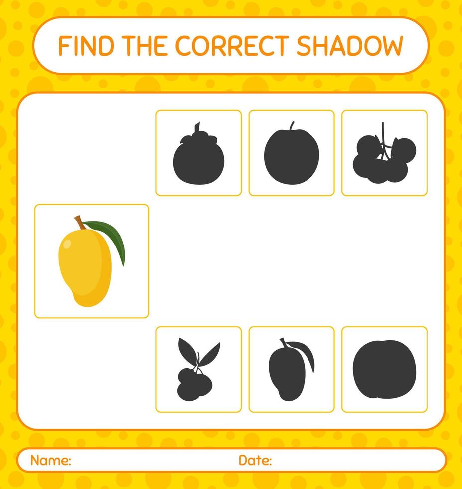 Find the correct shadows game with mango. worksheet for preschool kids, kids activity sheet vector