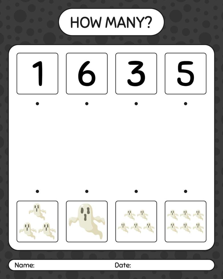 How many counting game with ghost. worksheet for preschool kids, kids activity sheet vector