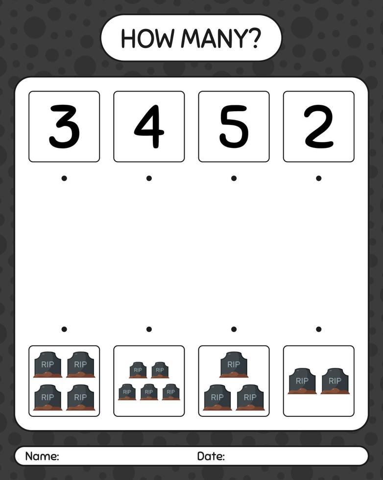 How many counting game with tombstone. worksheet for preschool kids, kids activity sheet vector