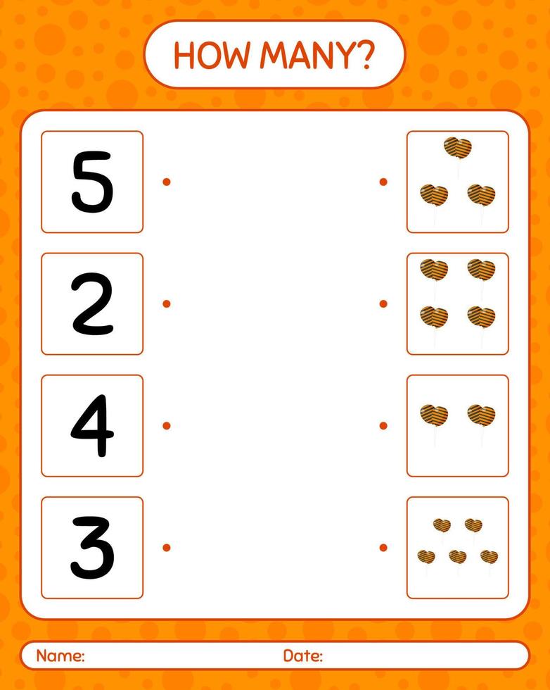 How many counting game with balloon. worksheet for preschool kids, kids activity sheet vector