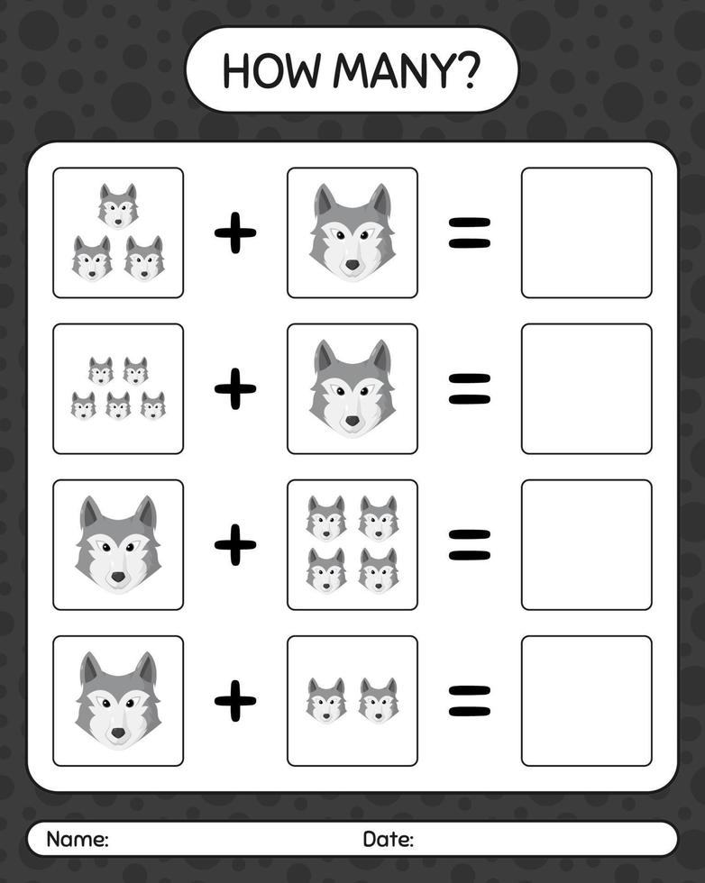 How many counting game with wolf. worksheet for preschool kids, kids activity sheet vector