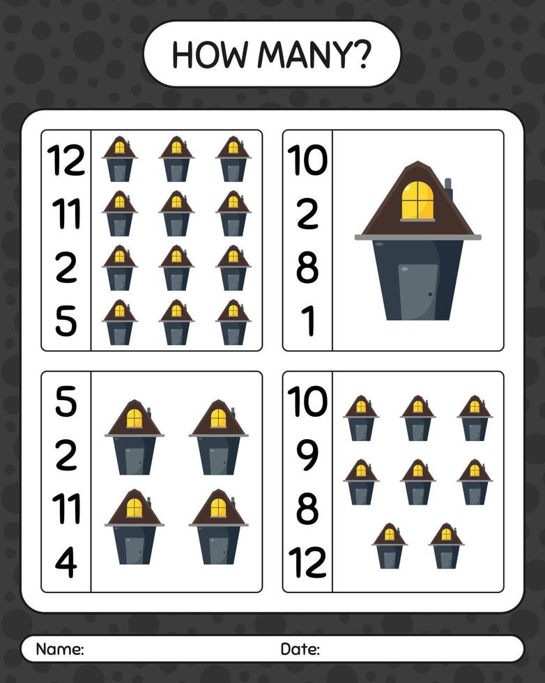 How many counting game with house. worksheet for preschool kids, kids activity sheet vector