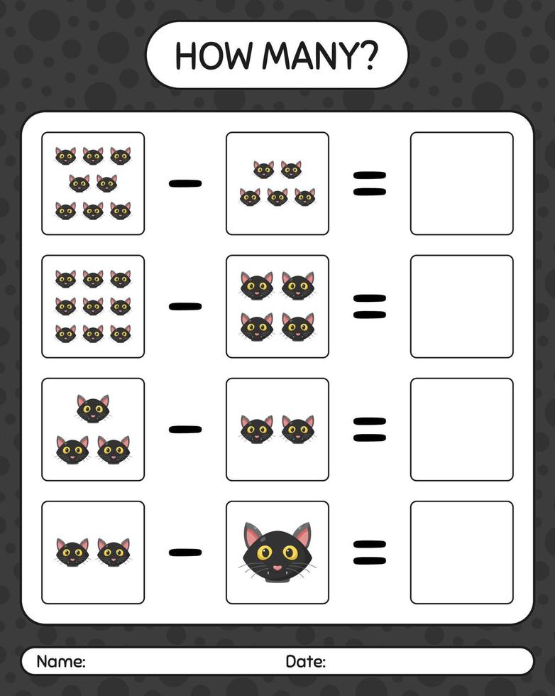 How many counting game with cat. worksheet for preschool kids, kids activity sheet vector