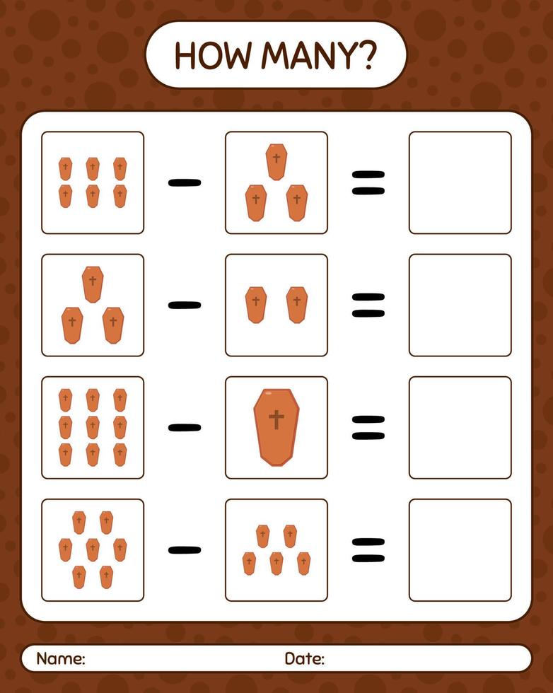 How many counting game with coffin. worksheet for preschool kids, kids activity sheet vector