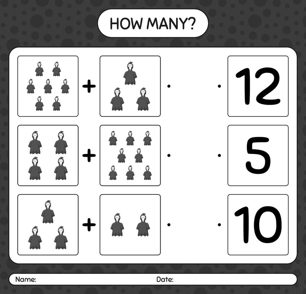 How many counting game with grim reaper. worksheet for preschool kids, kids activity sheet vector