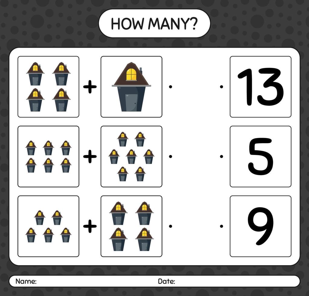 How many counting game with house. worksheet for preschool kids, kids activity sheet vector