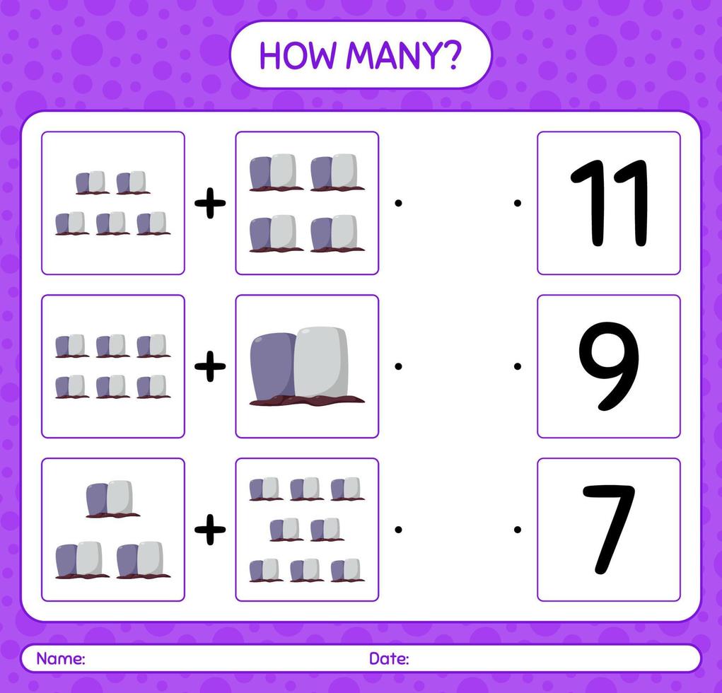 How many counting game with tombstone. worksheet for preschool kids, kids activity sheet vector