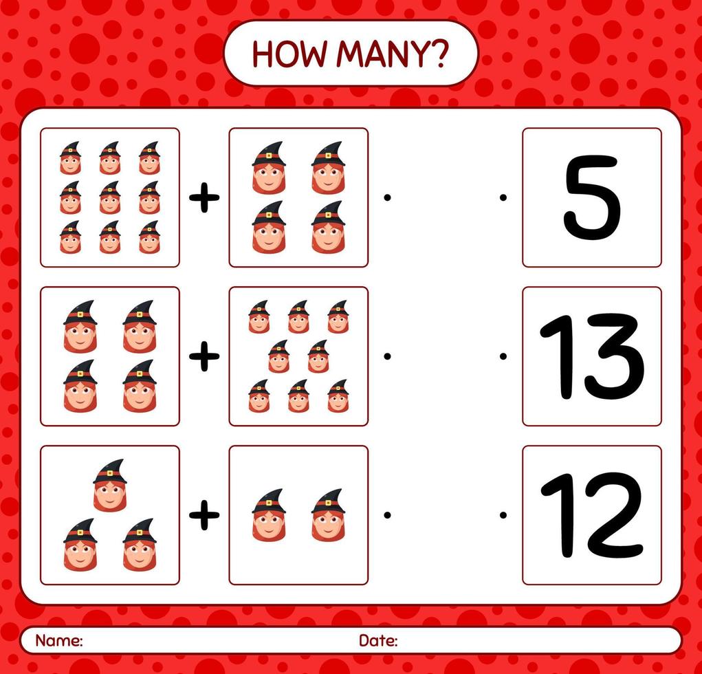 How many counting game with witch. worksheet for preschool kids, kids activity sheet vector