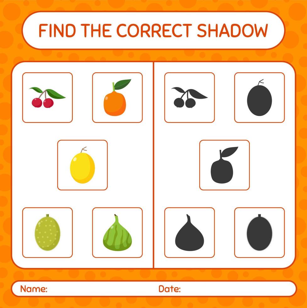 encuentra el juego de sombras correcto con frutas. hoja de trabajo para niños en edad preescolar, hoja de actividades para niños vector