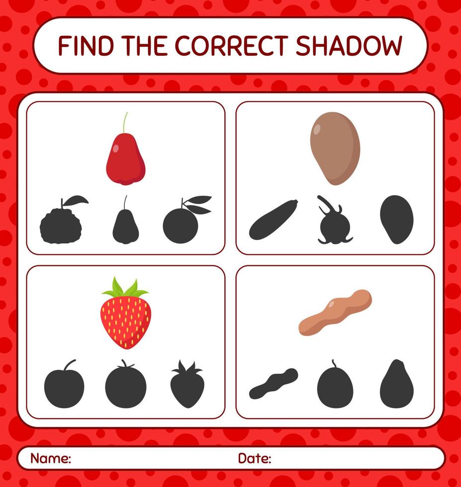 encuentra el juego de sombras correcto con frutas. hoja de trabajo para niños en edad preescolar, hoja de actividades para niños vector