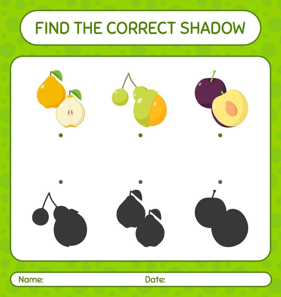 Find the correct shadows game with fruits. worksheet for preschool kids, kids activity sheet vector