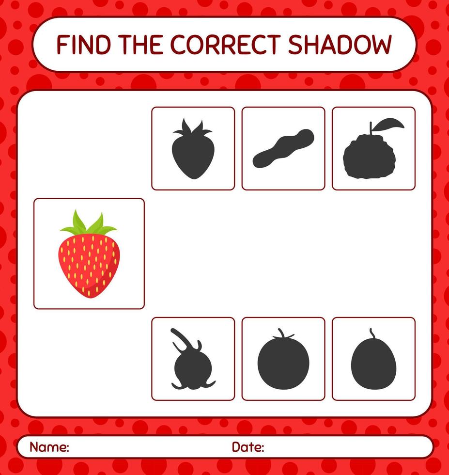 encuentra el juego de sombras correcto con fresa. hoja de trabajo para niños en edad preescolar, hoja de actividades para niños vector