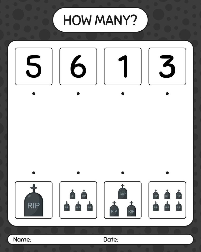 How many counting game with tombstone. worksheet for preschool kids, kids activity sheet vector