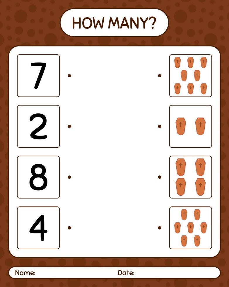 How many counting game with coffin. worksheet for preschool kids, kids activity sheet vector