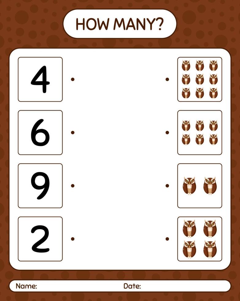 How many counting game with owl. worksheet for preschool kids, kids activity sheet vector