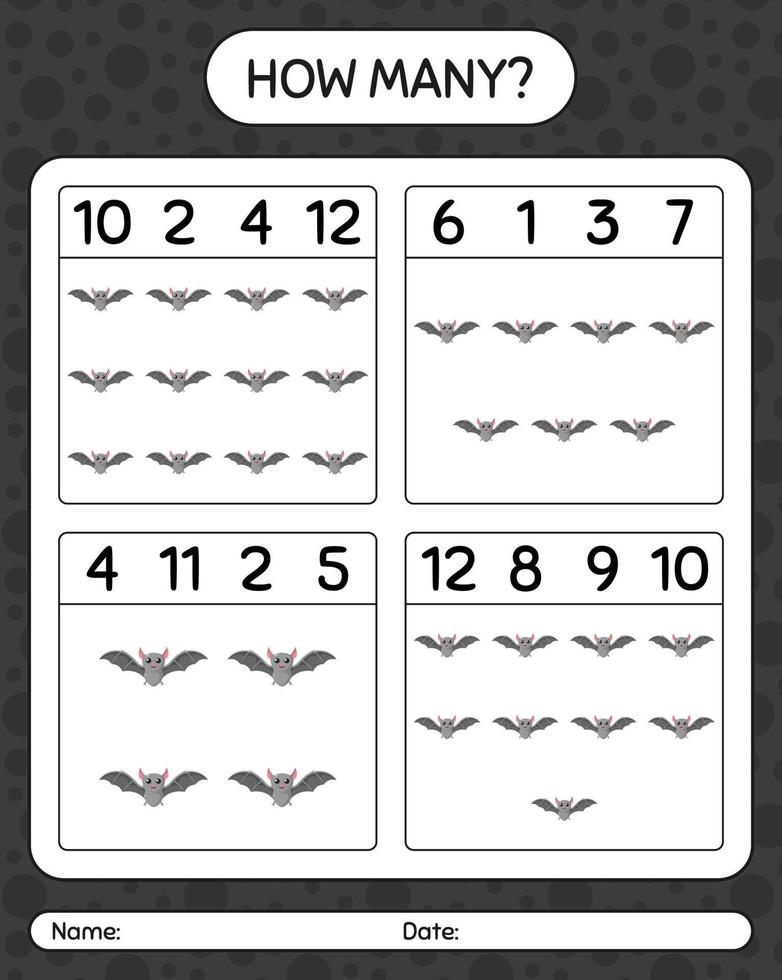 How many counting game with bat. worksheet for preschool kids, kids activity sheet vector
